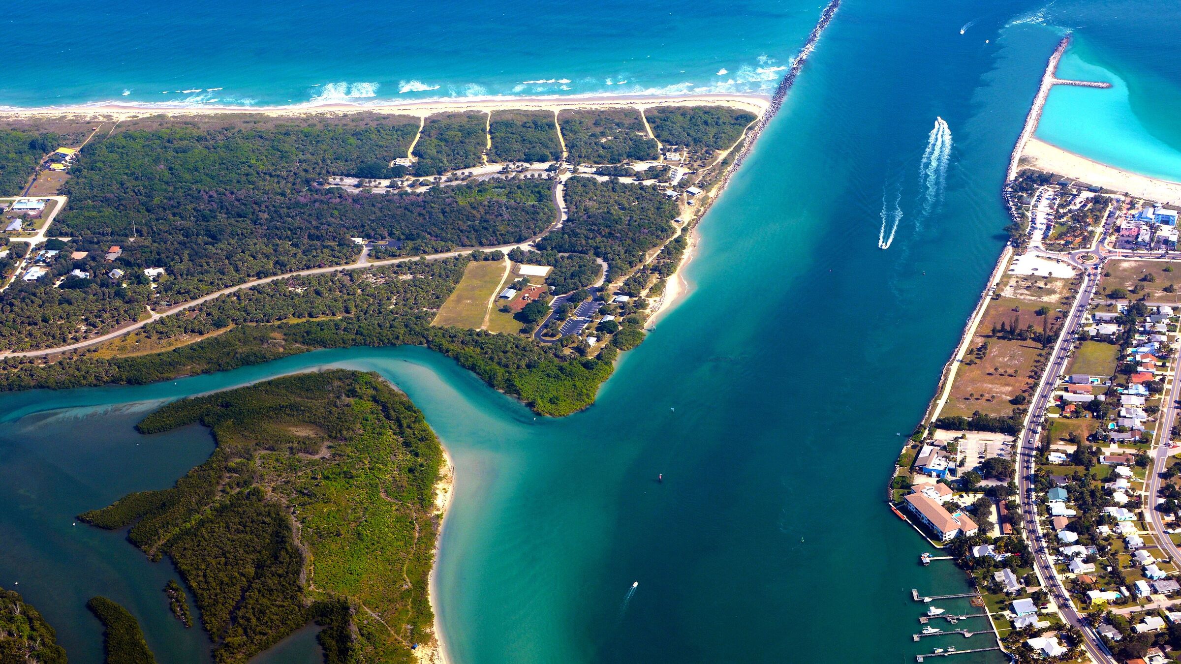 Aerial view of the Fort Pierce Inlet and beaches on Florida's Treasure Coast